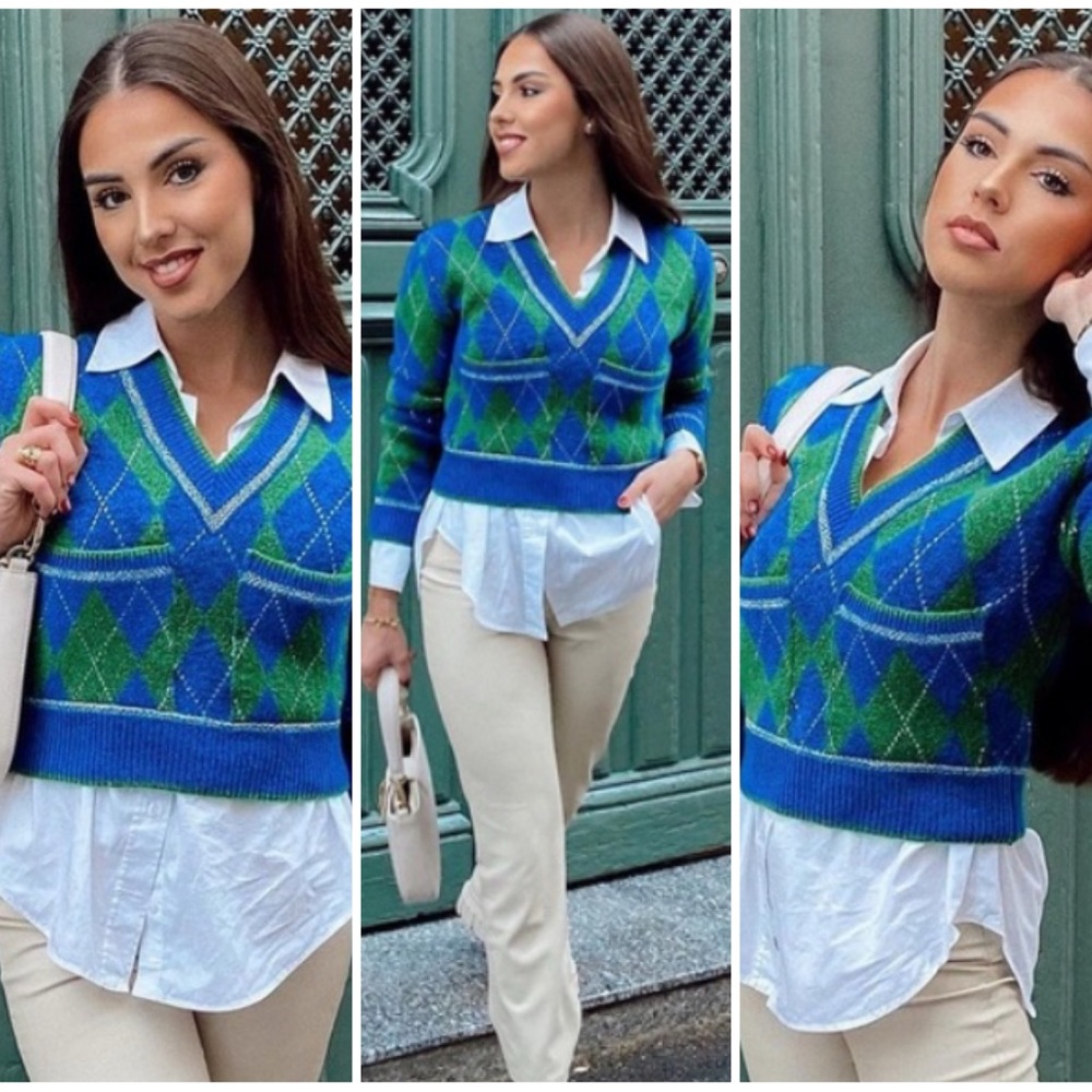 NWT Zara Metallic Thread Argyle Knit Sweater Size Small Blue/Green
